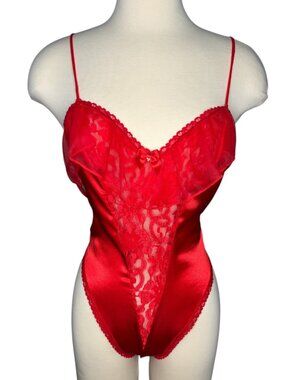 Vintage Linea Donatella Red Satin Lace Teddy Bodysuit Lingerie Size Medium